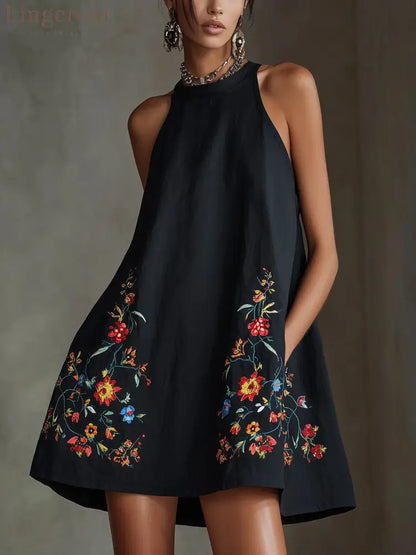 Black Embroidered Floral Halter Mini Dress - Black / S