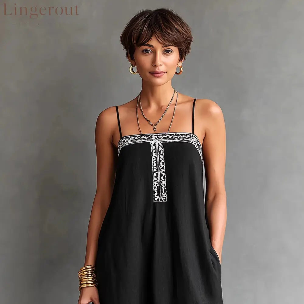Black Embroidered Linen Maxi Dress