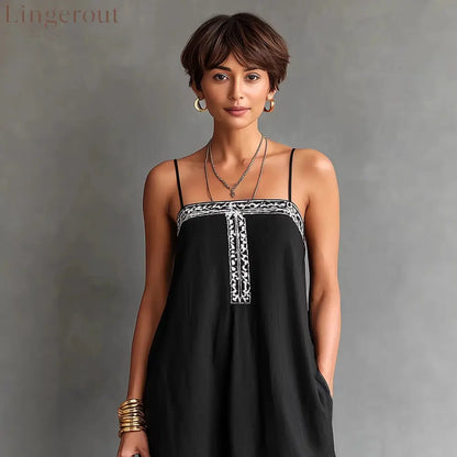 Black Embroidered Linen Maxi Dress