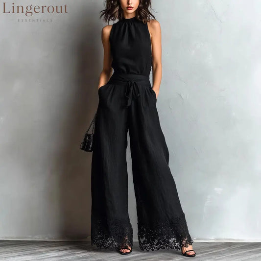 Black Faux Cotton-linen Halter Neck Vest With Tie-up Lace-trimmed Wide-leg Pants Set - Black / S