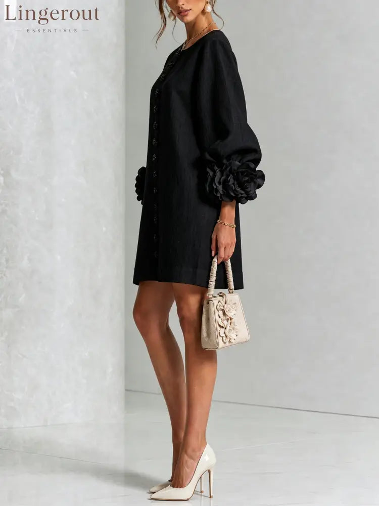 Black Floral Button-down Mini Dress With Striking Floral Cuffs