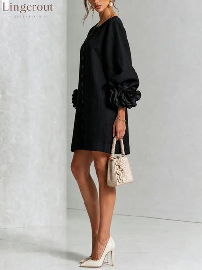 Black Floral Button-down Mini Dress With Striking Floral Cuffs