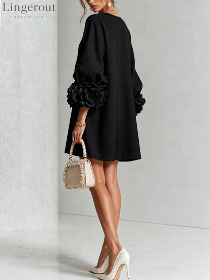 Black Floral Button-down Mini Dress With Striking Floral Cuffs