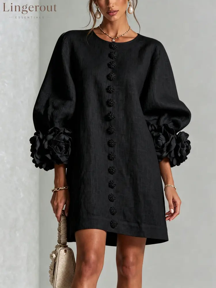 Black Floral Button-down Mini Dress With Striking Floral Cuffs - Black / S