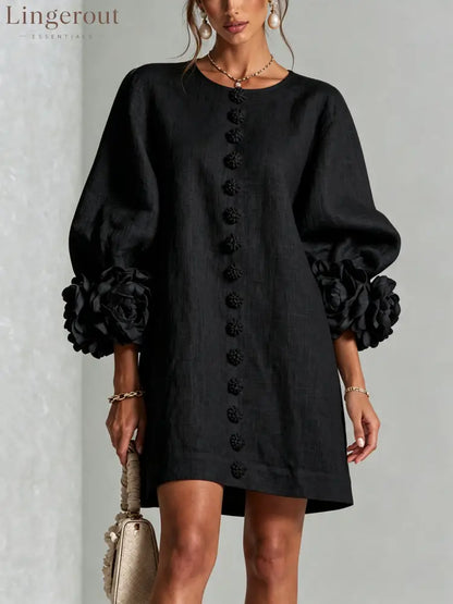 Black Floral Button-down Mini Dress With Striking Floral Cuffs - Black / S
