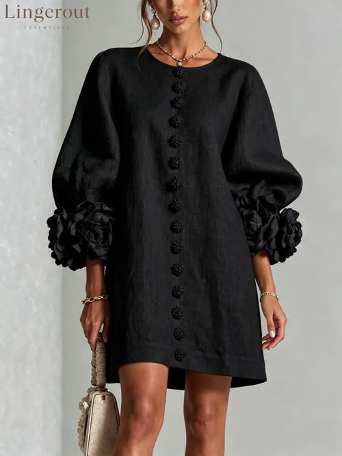 Black Floral Button-down Mini Dress With Striking Floral Cuffs - Black / S