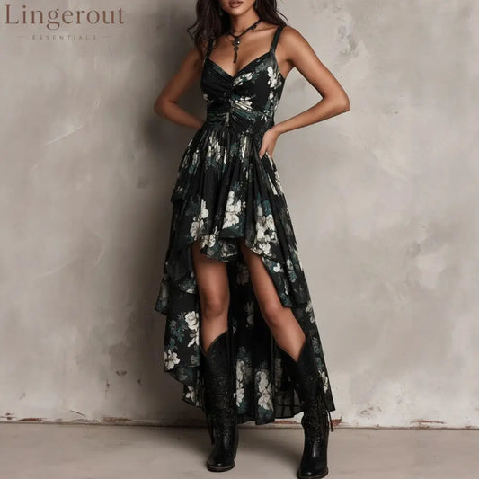 Black Floral High-Low Maxi Dress - Black / S