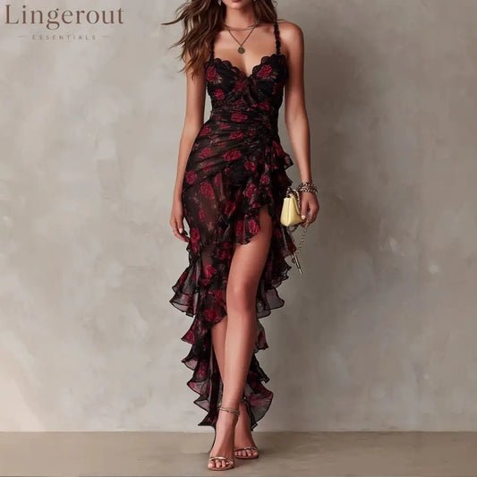 Black Flower Print Irregular Ruffle Suspender Dress - Color / XS