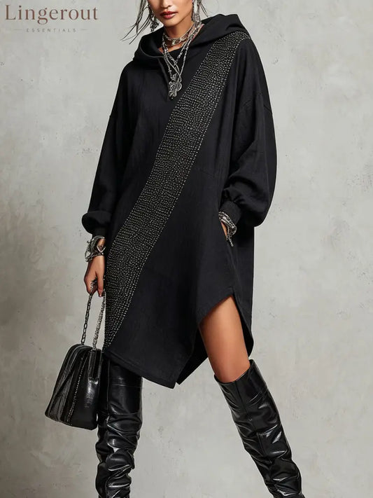 Black Hooded Asymmetrical Hem Midi Dress