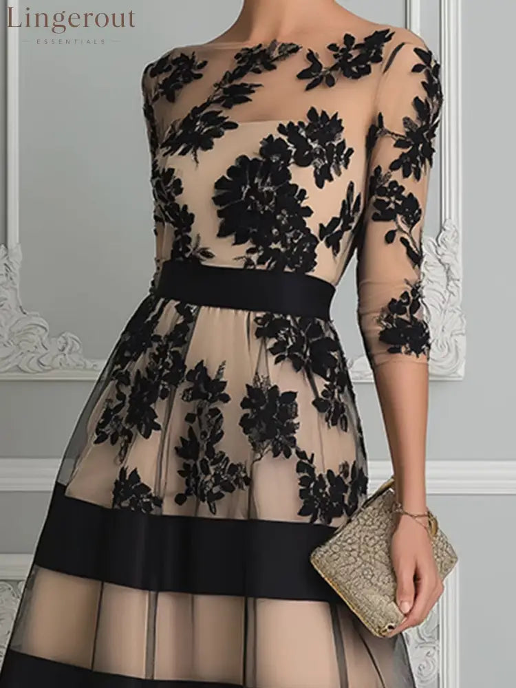 Black Lace Elegant A Line Midi Dress - Midi Dresses