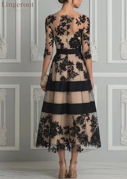 Black Lace Elegant A Line Midi Dress - Midi Dresses
