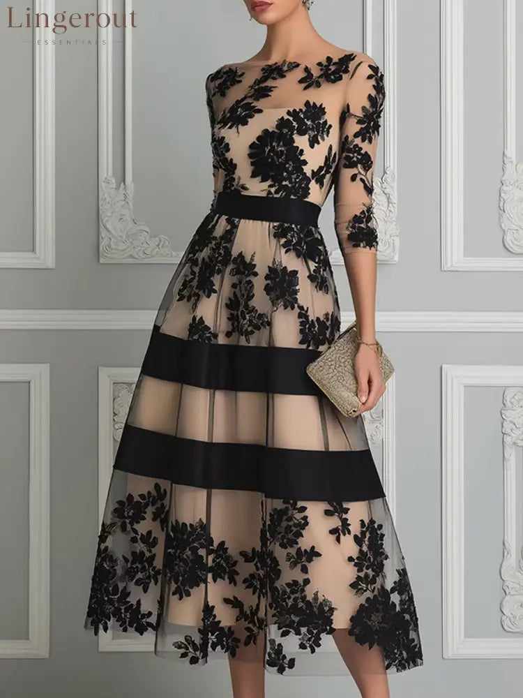 Black Lace Elegant A Line Midi Dress - Black / XS - Midi Dresses