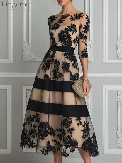 Black Lace Elegant A Line Midi Dress - Black / XS - Midi Dresses