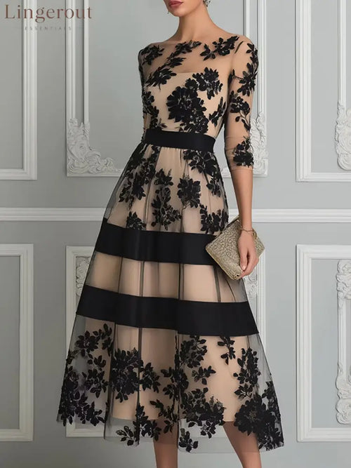 Black Lace Elegant A Line Midi Dress - Black / XS - Midi Dresses