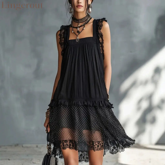 Black Lace Trim Polka‑Dot Layered Chiffon Midi Dress