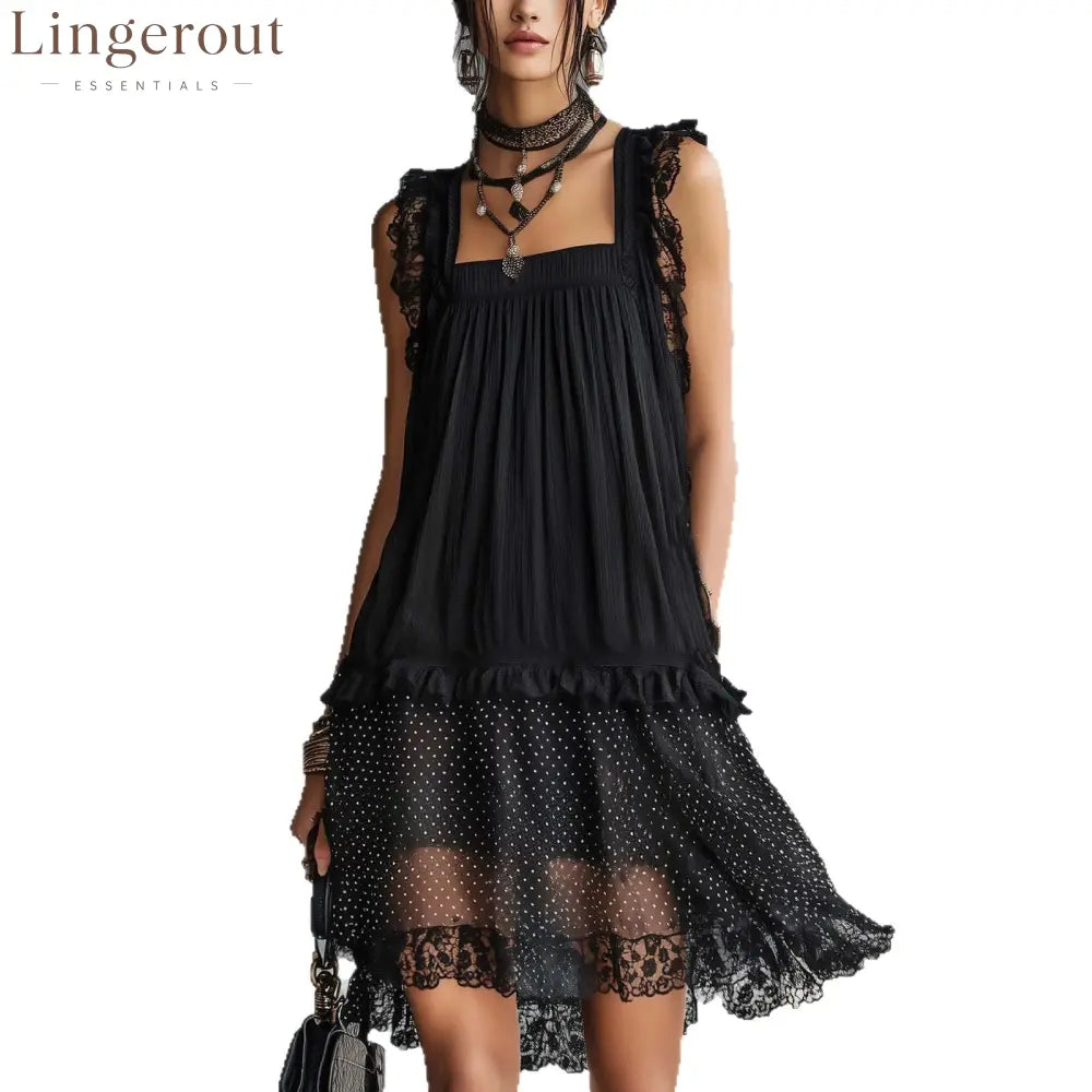 Black Lace Trim Polka‑Dot Layered Chiffon Midi Dress
