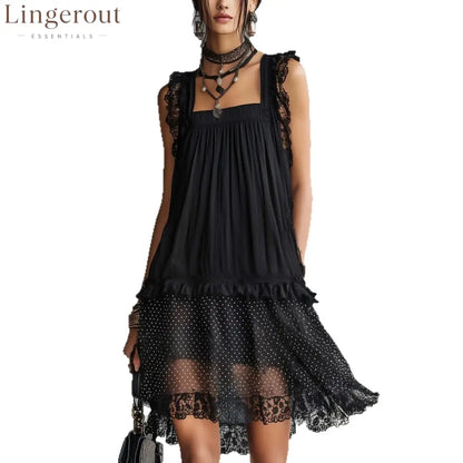 Black Lace Trim Polka‑Dot Layered Chiffon Midi Dress