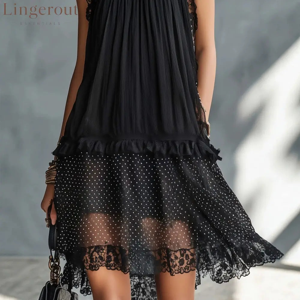 Black Lace Trim Polka‑Dot Layered Chiffon Midi Dress