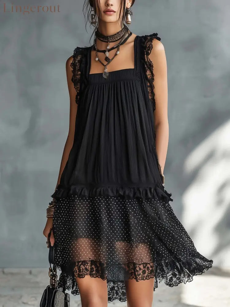 Black Lace Trim Polka‑Dot Layered Chiffon Midi Dress - Black / S
