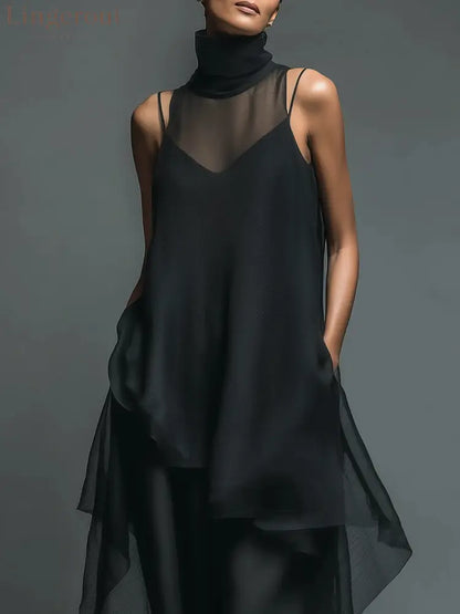 Black Minimalist Faux Acetate Fiber Slip Dress Paired With A Chiffon Cover-up Long Dress Two-piece Set