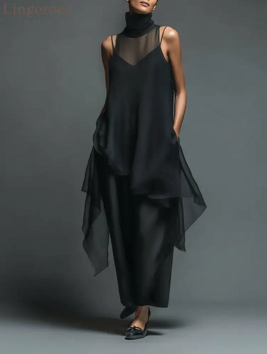 Black Minimalist Faux Acetate Fiber Slip Dress Paired With A Chiffon Cover-up Long Dress Two-piece Set - Black / XS(2)