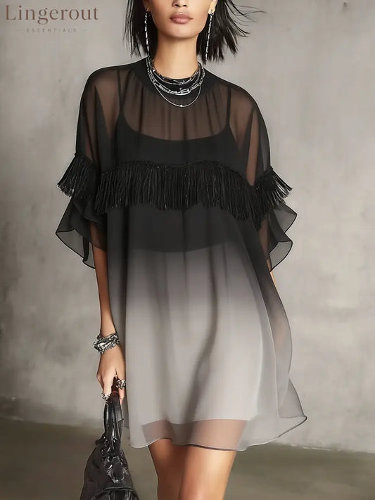 Black Ombre Sheer Fringe Detail Floaty Mini Dress - Black / XS(2)