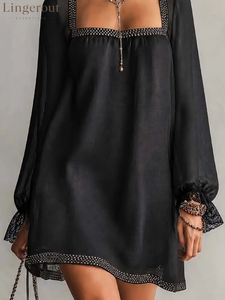 Black Rhinestone Trim Square Neck Lace Cuff Mini Dress - Mini Dresses