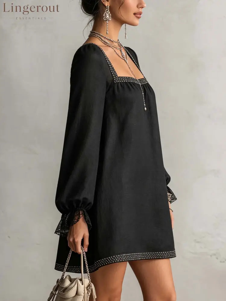 Black Rhinestone Trim Square Neck Lace Cuff Mini Dress - Mini Dresses