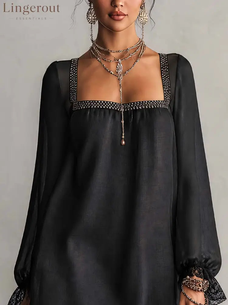 Black Rhinestone Trim Square Neck Lace Cuff Mini Dress - Mini Dresses