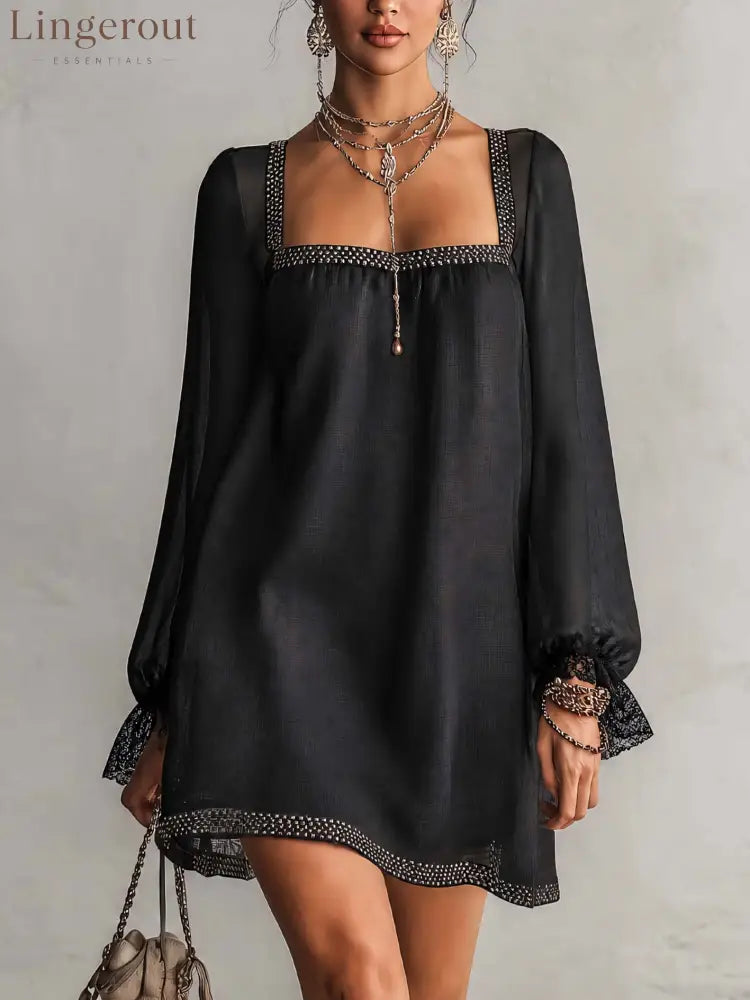 Black Rhinestone Trim Square Neck Lace Cuff Mini Dress - Black / XS(2) - Mini Dresses