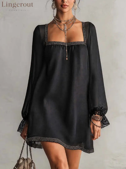 Black Rhinestone Trim Square Neck Lace Cuff Mini Dress - Black / XS(2) - Mini Dresses
