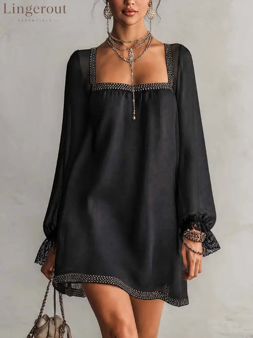 Black Rhinestone Trim Square Neck Lace Cuff Mini Dress - Black / XS(2) - Mini Dresses