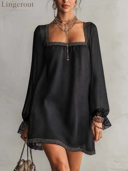 Black Rhinestone Trim Square Neck Lace Cuff Mini Dress - Black / XS(2) - Mini Dresses
