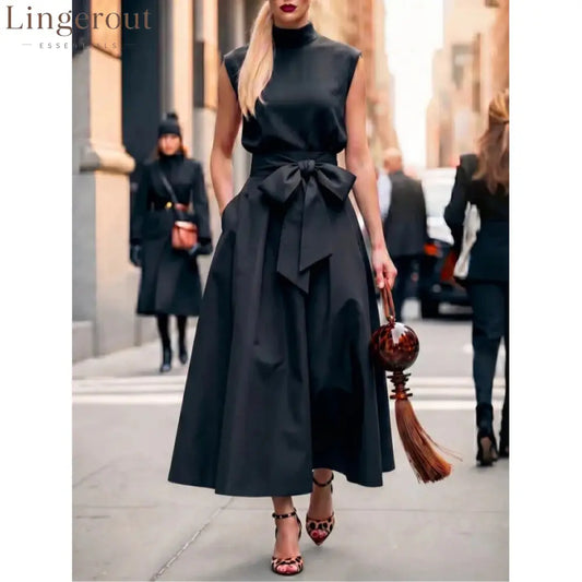 Black Turtleneck Sleeveless Dress A-Line Skirt Elegant And Fashionable Long Skirt - Black / S