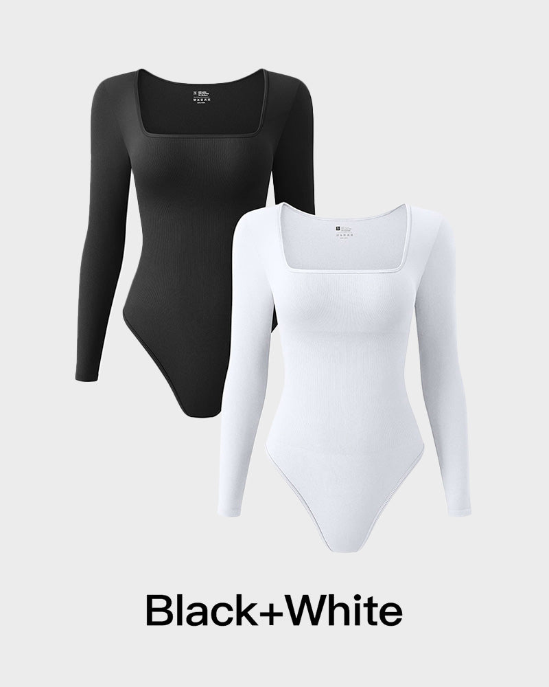 Hugmecurve® Ribbed Square Neck Long Sleeve Bodysuit