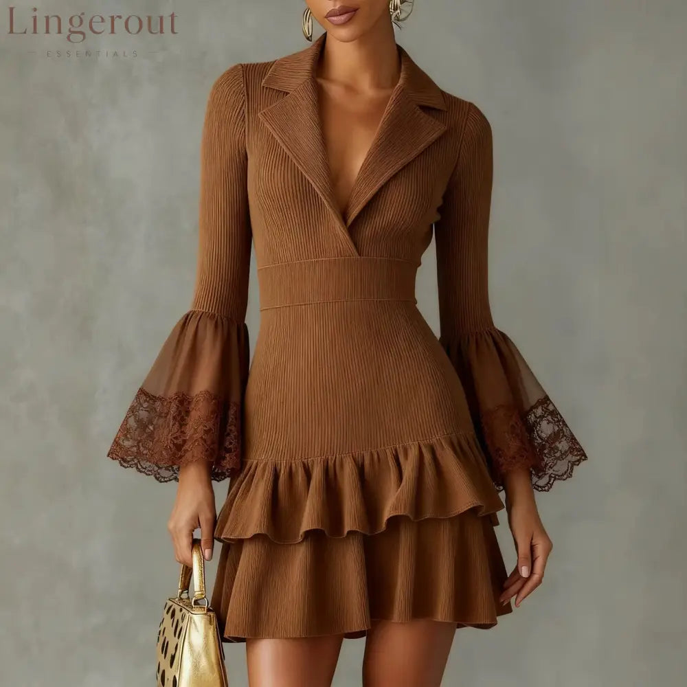 Blazer Collar Ribbed Knit Mini Dress With Lace Flare Sleeves