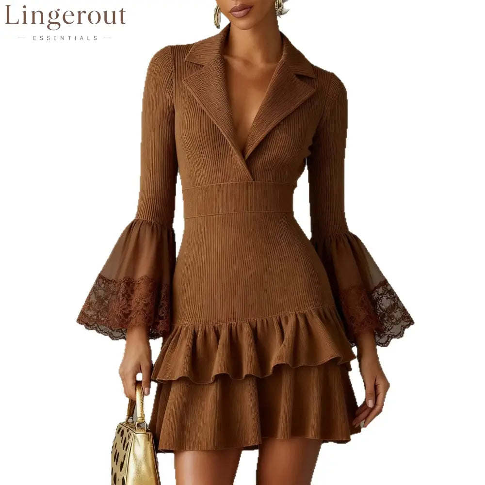 Blazer Collar Ribbed Knit Mini Dress With Lace Flare Sleeves - Caramel / S