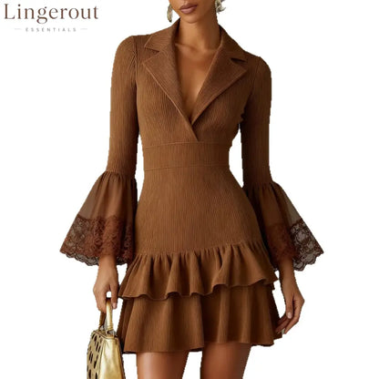 Blazer Collar Ribbed Knit Mini Dress With Lace Flare Sleeves - Caramel / S