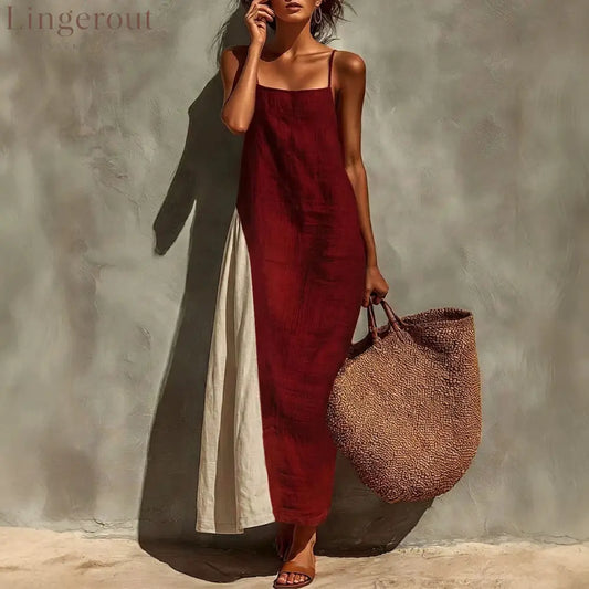 Block Spaghetti Strap Linen Asymmetrical Maxi Dress