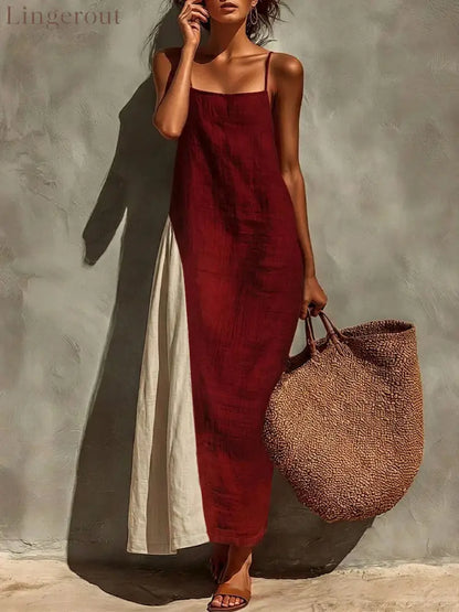 Block Spaghetti Strap Linen Asymmetrical Maxi Dress - Claret / S