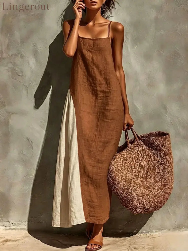 Block Spaghetti Strap Linen Asymmetrical Maxi Dress - Dark brown / S