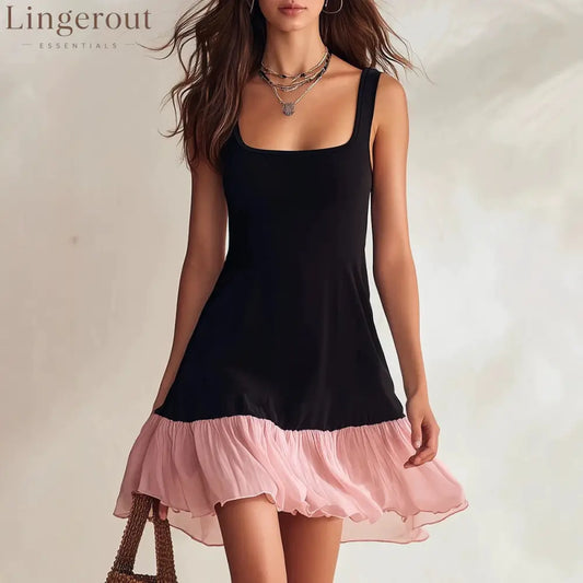 Block Square Neck Spaghetti Strap Ruffle Hem Mini Dress
