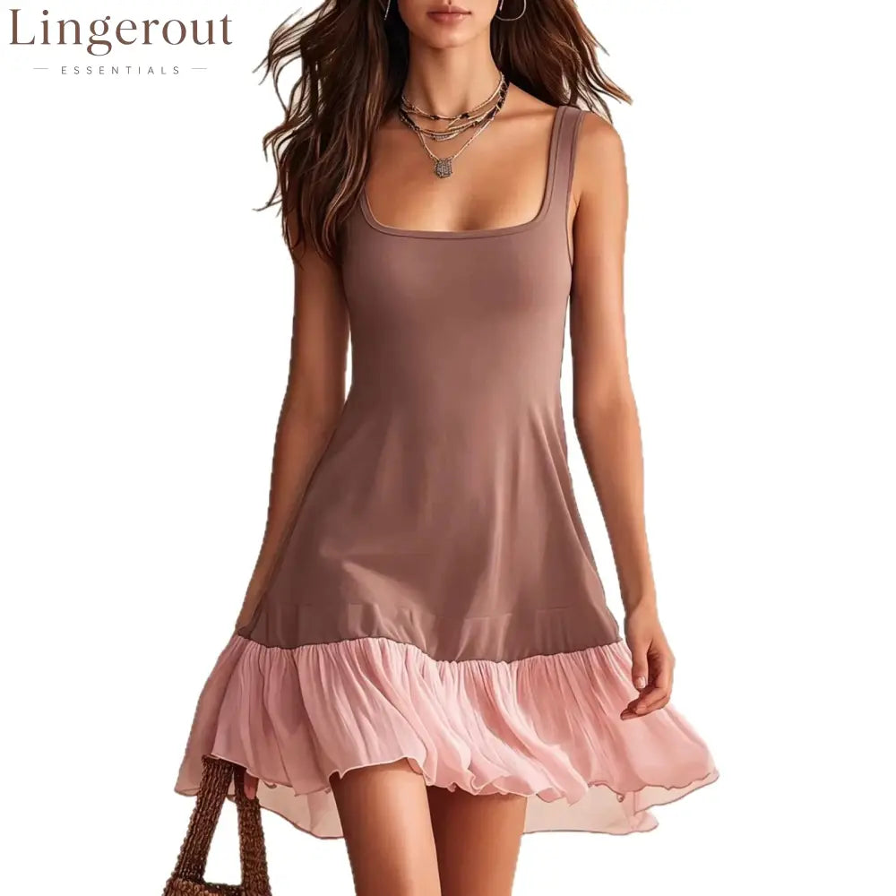Block Square Neck Spaghetti Strap Ruffle Hem Mini Dress