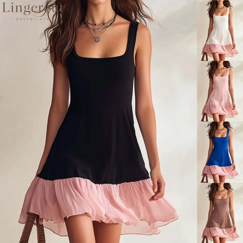 Block Square Neck Spaghetti Strap Ruffle Hem Mini Dress