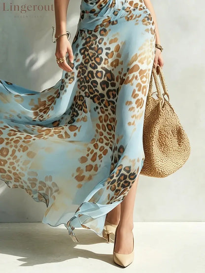Blue Leopard Print Chiffon Maxi Dress