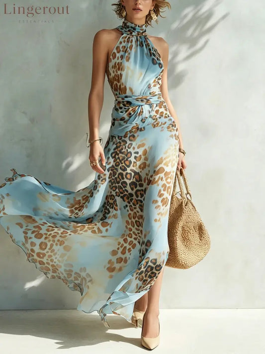 Blue Leopard Print Chiffon Maxi Dress - Blue / XS