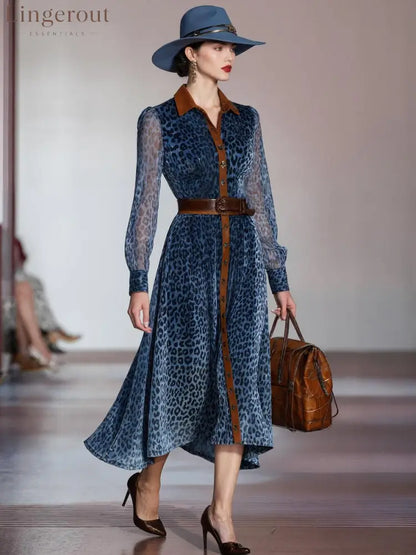 Blue Long Sleeve Leopard Midi Dress