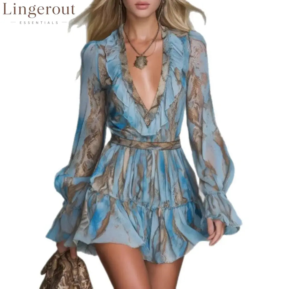 Blue Snake‑Print Ruffled V‑Neck Long Sleeve Chiffon Mini Dress