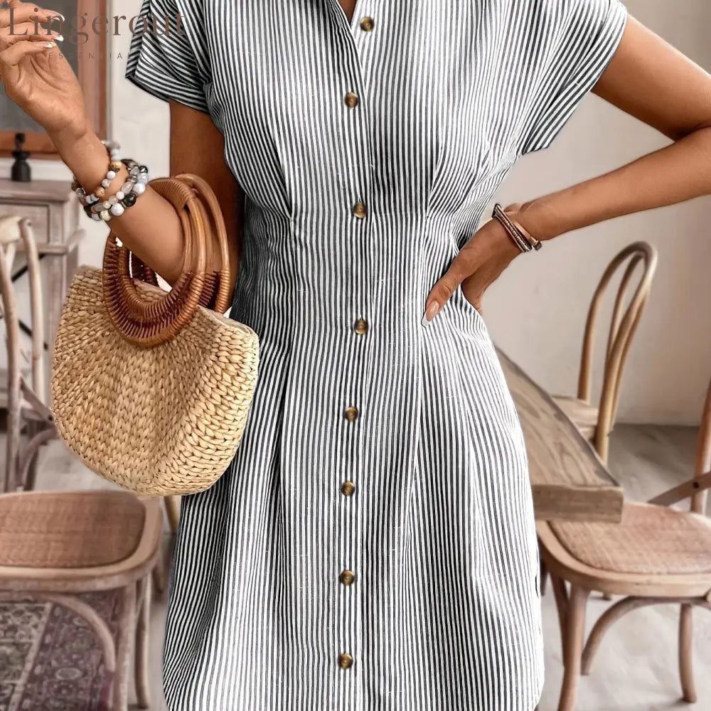 Blue Striped Button-Down Shirt Dress - Black / XS