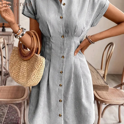 Blue Striped Button-Down Shirt Dress - Black / XS
